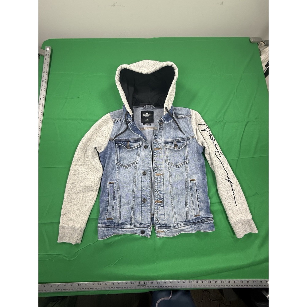 Hollister Hooded Denim Jacket XS Blue Jean Gray Hoodie Stretch Logo Sleeve Women